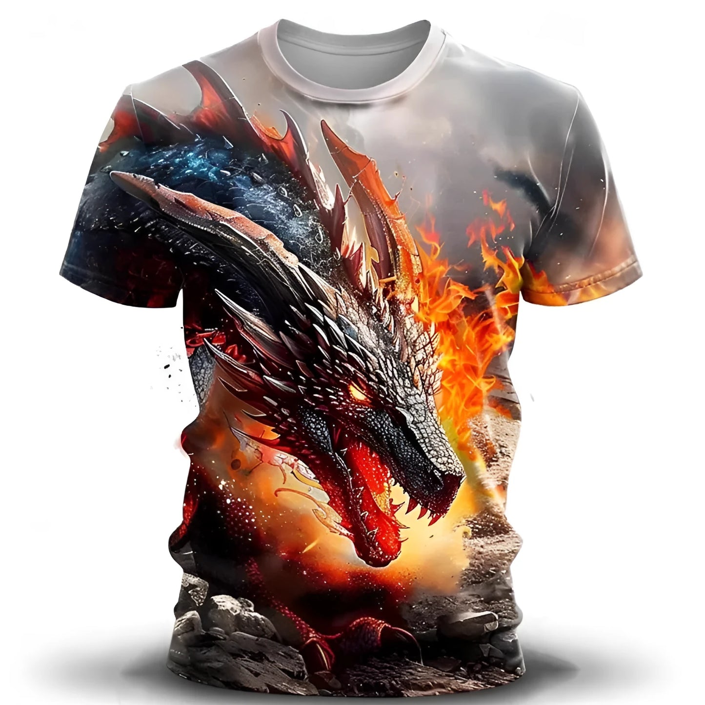 Men's black t-shirt with a detailed 3D blue and white wind dragon print across the chest.