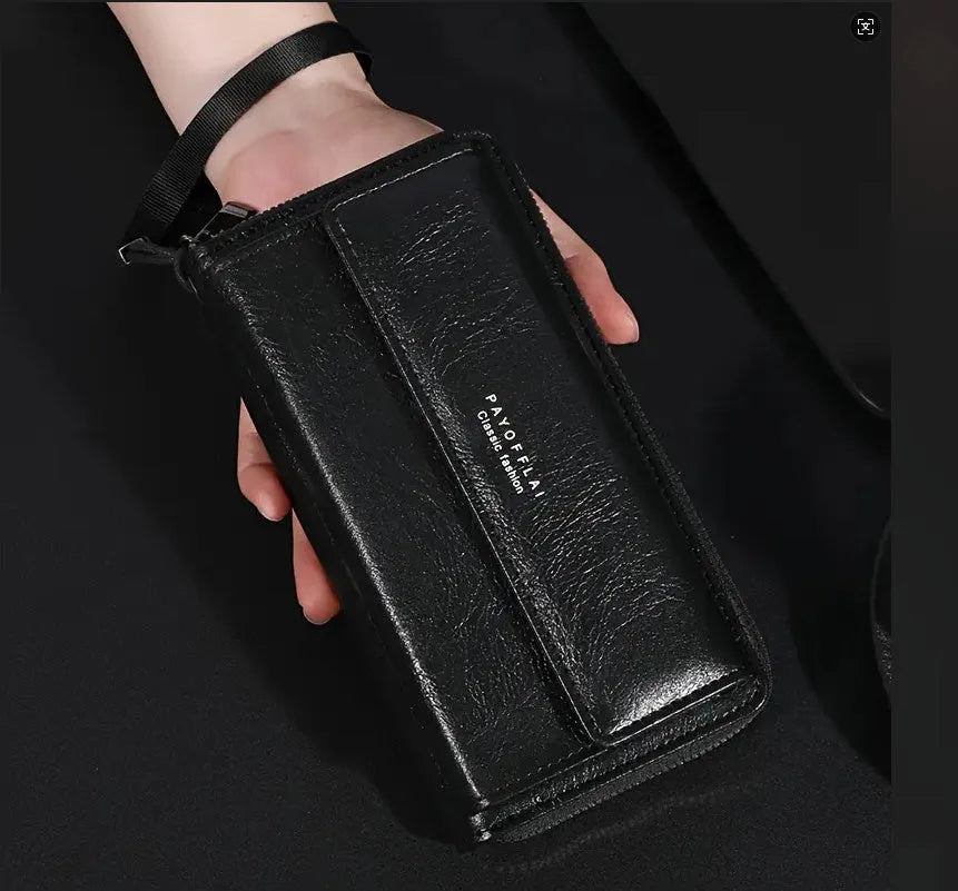 Men's black PU leather wallet showing multiple card slots and 19x10.5x4cm dimensions
