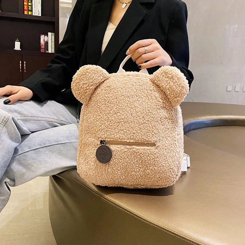 Adorable bear-shaped backpack made of soft, fleece material for kids and women's travel and everyday use