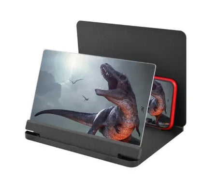 Black portable phone screen amplifier with 9 inch screen and integrated smartphone holder