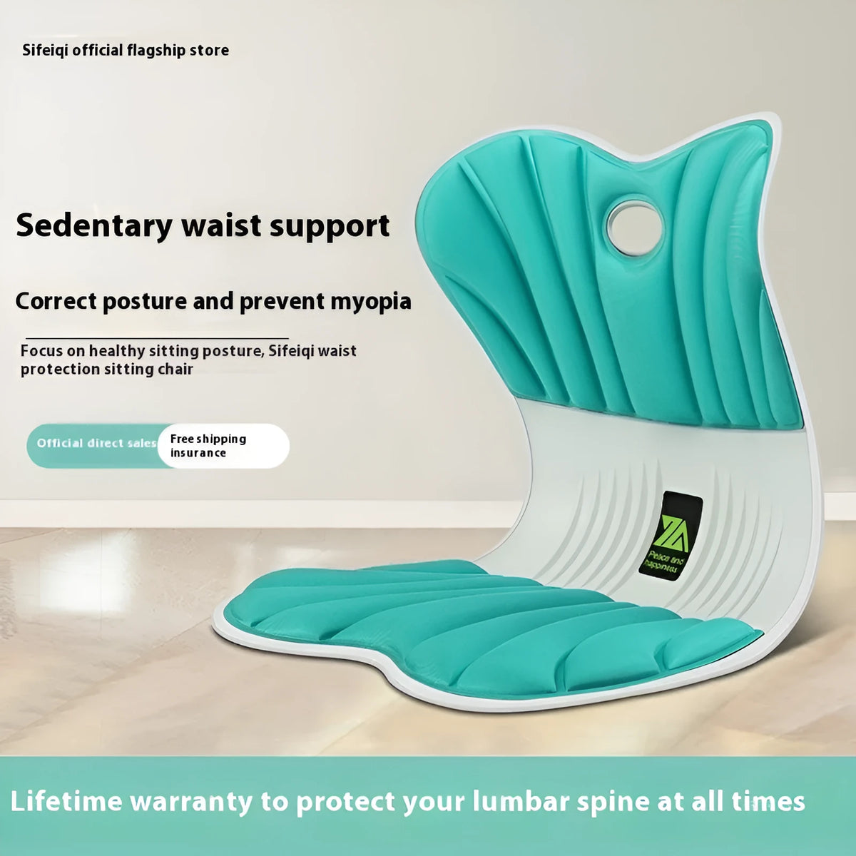 Ergonomic waist support seat cushion in grey, shown on an office chair.