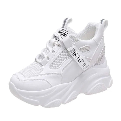 Women's black mesh platform casual shoes with a hollow-out design and a toe-holder strap.