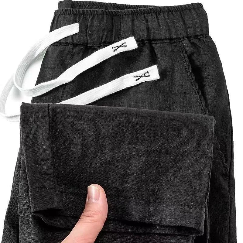 Pure linen Chinese-style straight-leg trousers with elastic drawstring waist in multiple colours