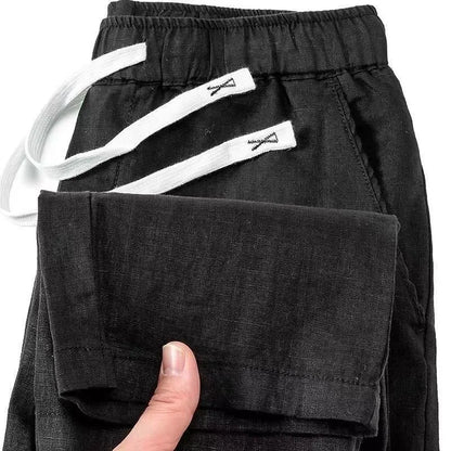 Pure linen Chinese-style straight-leg trousers with elastic drawstring waist in multiple colours