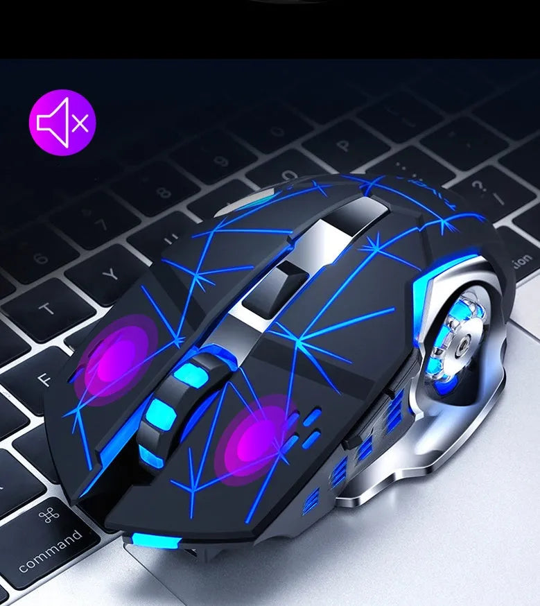 Black rechargeable wireless mouse with six buttons and USB receiver on a wooden desk