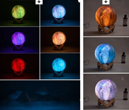 3D printed spherical lunar night light with LED illumination in 12cm, 15cm, or 18cm sizes showing colour changing modes