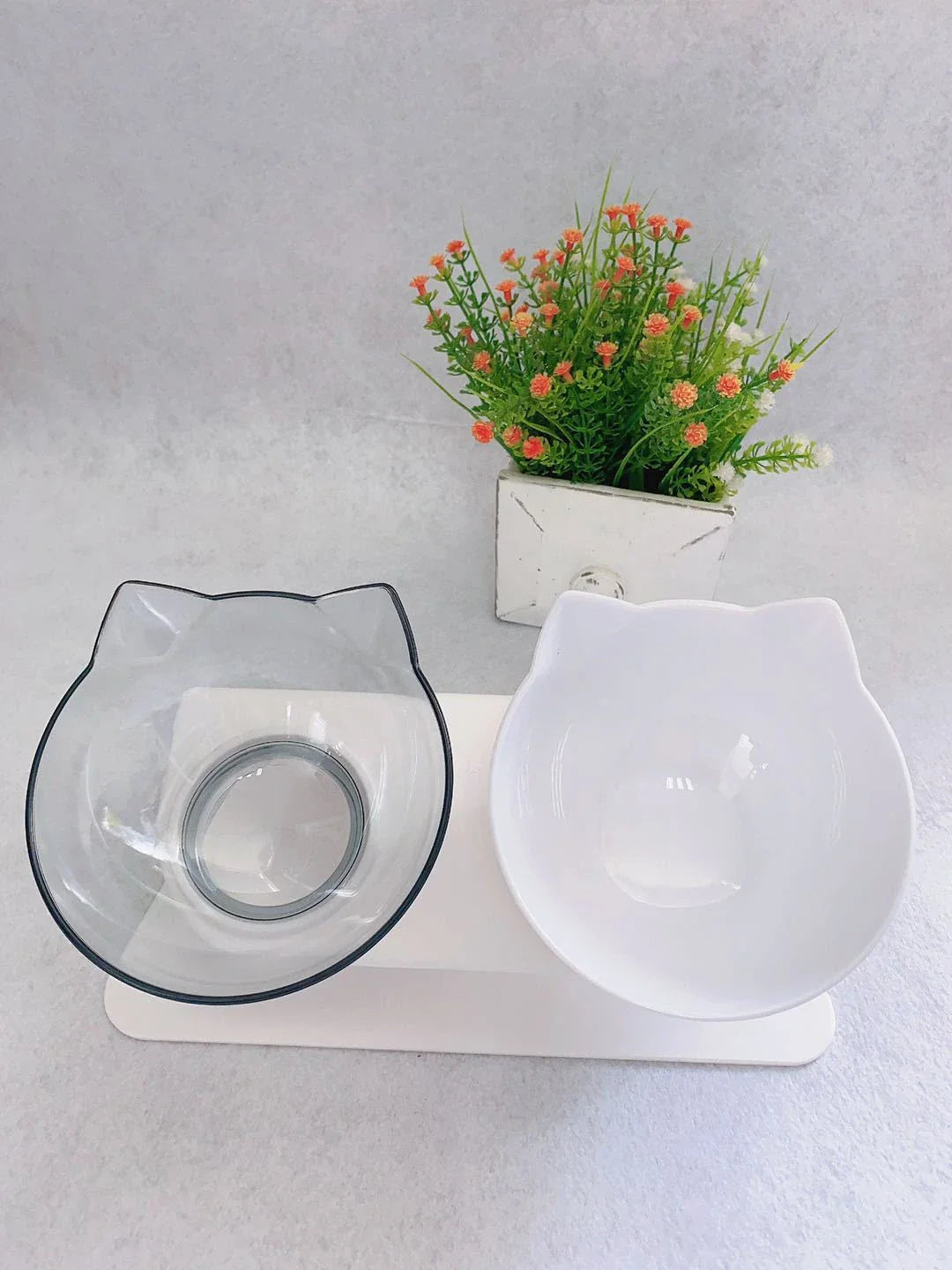 Tilted cat and dog bowls with raised stand, designed to reduce neck strain and protect cervical vertebrae.