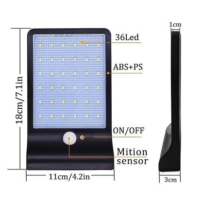 Solar garden light with 36 LED array in black or white finish showing integrated solar panel