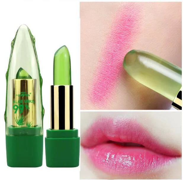 Aloe vera gel colour changing lipstick gloss in a tube, shown with a swatch of its adaptive pink shade.