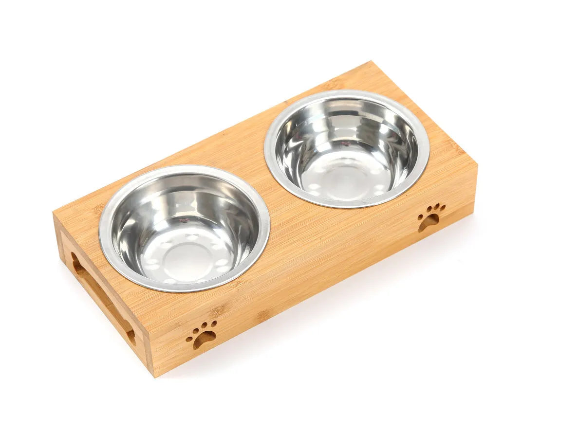 Solid wood pet dining table with elevated stainless steel feeding bowls for cat or dog
