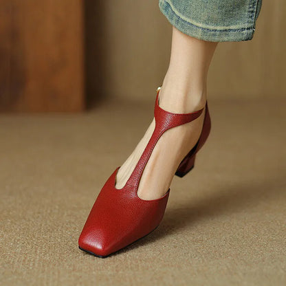 Wine red sheepskin leather high-heel shoes with square toe, chunky heel, and buckle fastening.