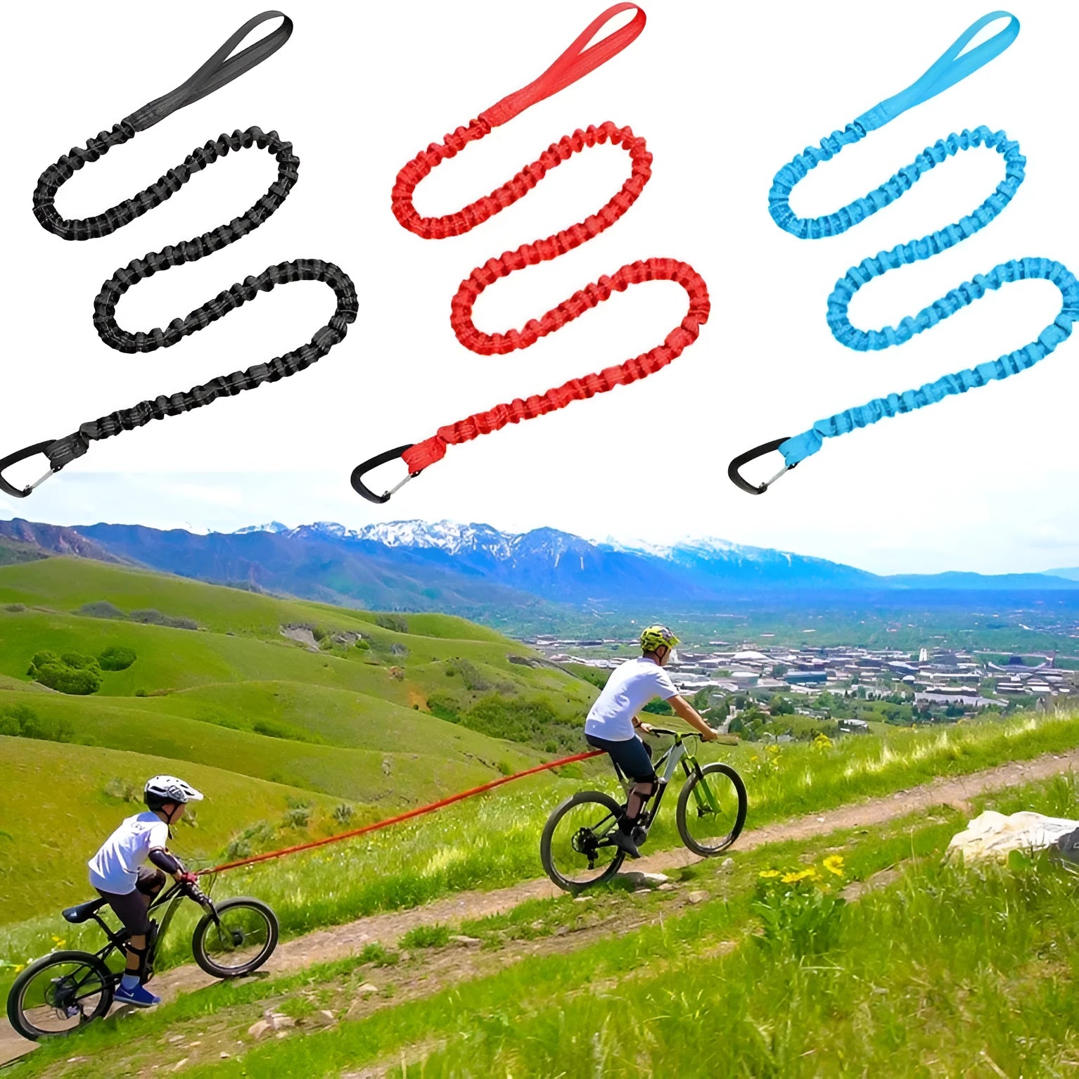 Bicycle hand holding rope with metal carabiner clips for parent-child bike towing in four colours.