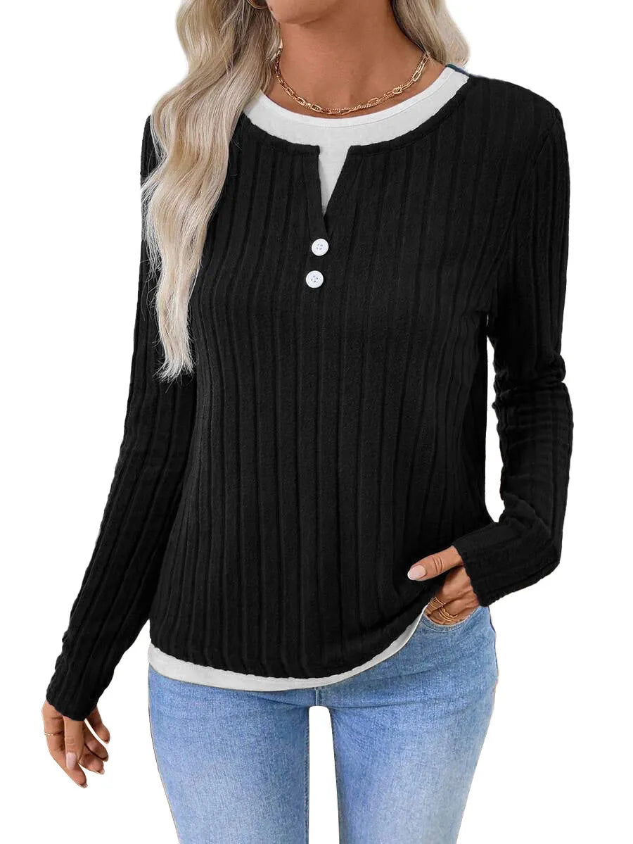 Women's black fake two-piece pullover sweater with concave stripe texture and round neck.