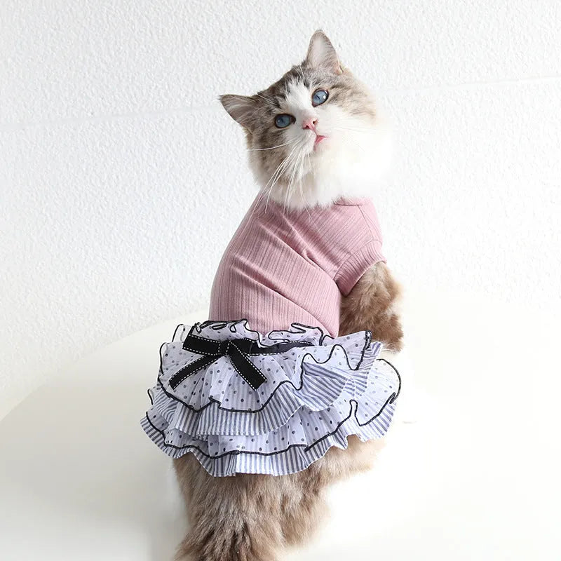 Polka dot lace cake princess dress for pets in taro purple, charcoal black, or iced coffee colours