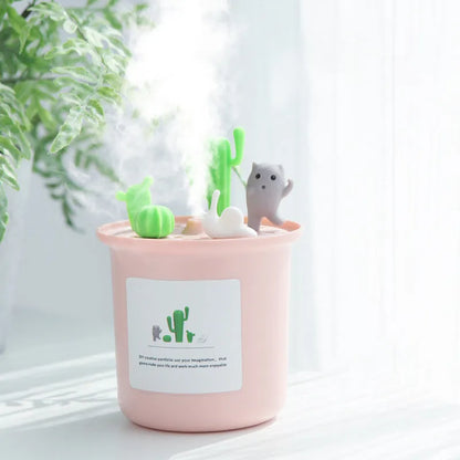 Vase-shaped pet humidifier in pink, grey, or white with 1L water tank and mechanical controls