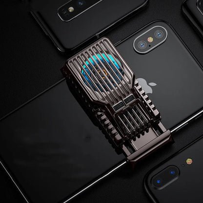Black mobile phone radiator clip with ceramic cooling plate and aluminium alloy frame on a smartphone.
