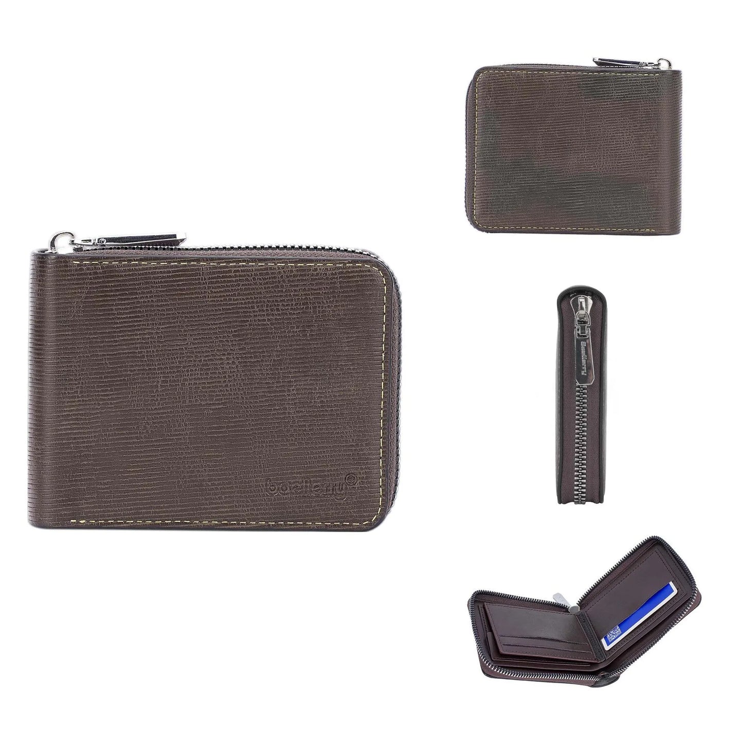 Black leather credit card wallet with anti-theft zipper closure showing embossed pattern and interior organisation
