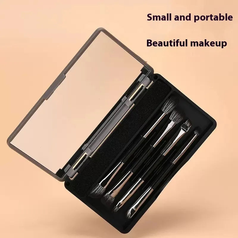 Portable makeup brush set with mirror showing artificial fibre brushes with silver handles