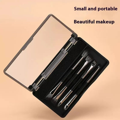 Portable makeup brush set with mirror showing artificial fibre brushes with silver handles