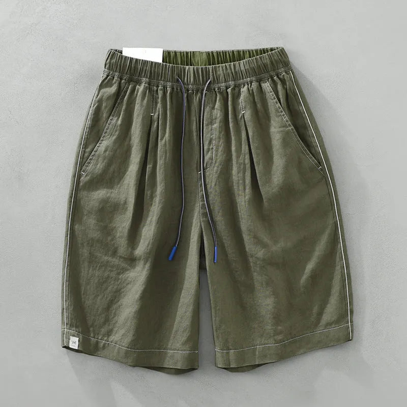 Men's linen shorts in loose straight drooping style with drawstring waist in green colour