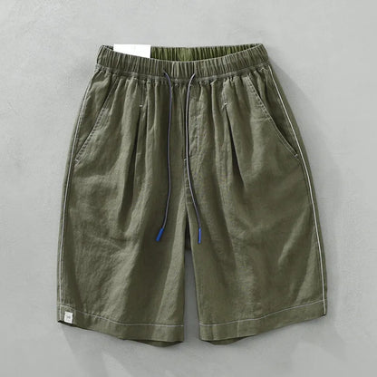 Men's linen shorts in loose straight drooping style with drawstring waist in green colour