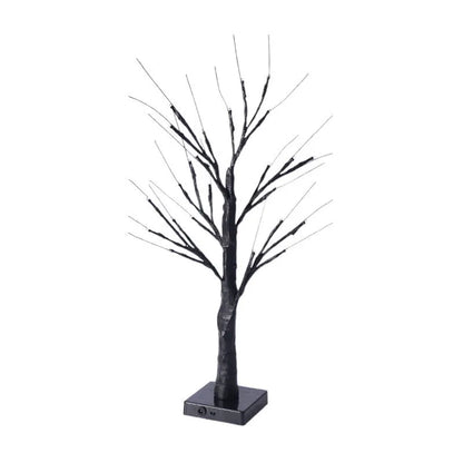 60cm tall white LED birch tree night light on a table, available in black, pumpkin, bat, or maple designs.