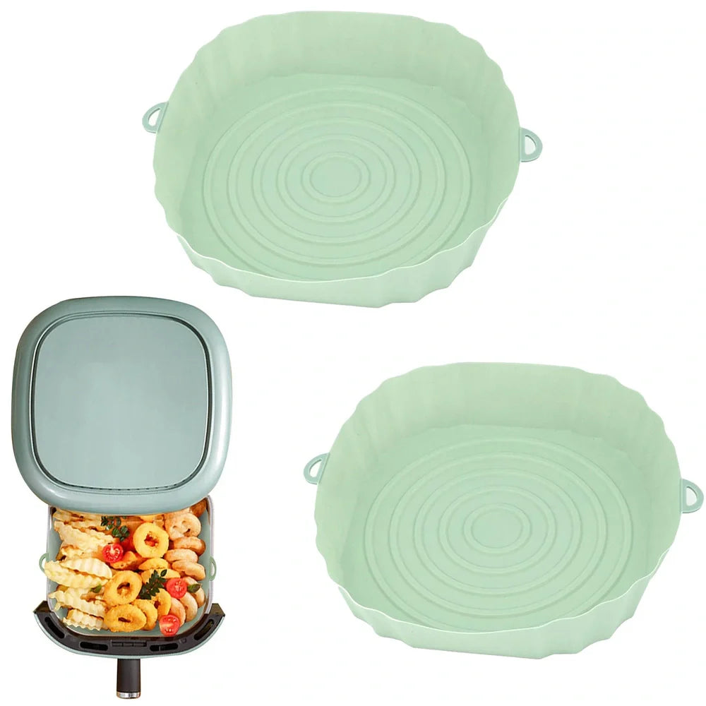 Silicone air fryer baking tray with 4.5cm depth in light grey, pink, brown or green