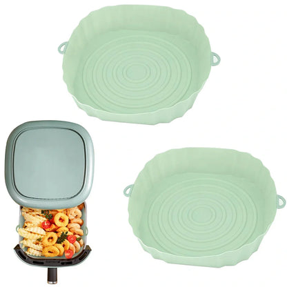 Silicone air fryer baking tray with 4.5cm depth in light grey, pink, brown or green