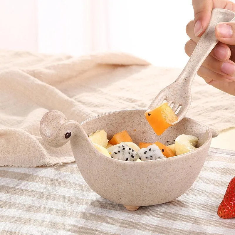 Wheat straw dinosaur bowls in pink, green and beige colours for cereals, salads, fruits, snacks, microwavable and dishwasher safe unbreakable children's tableware with non-slip base