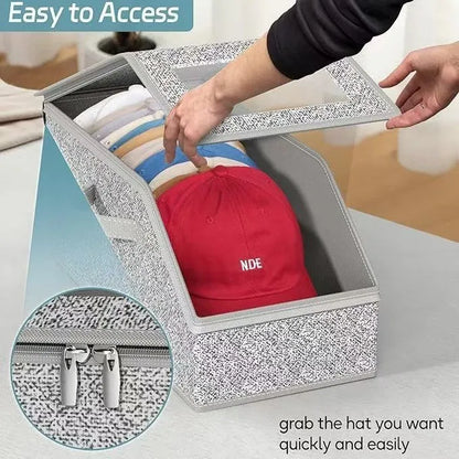 Grey foldable fabric storage box with lid for organising shoes and caps.