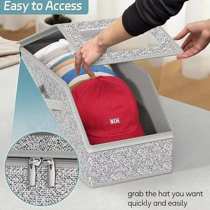 Foldable baseball cap storage box with large capacity, woven fabric construction, and modern simple design in grey colour measuring 42cm x 22cm x 17cm for organising shoes, underwear, magazines, stationery, tissues, and household sundries.