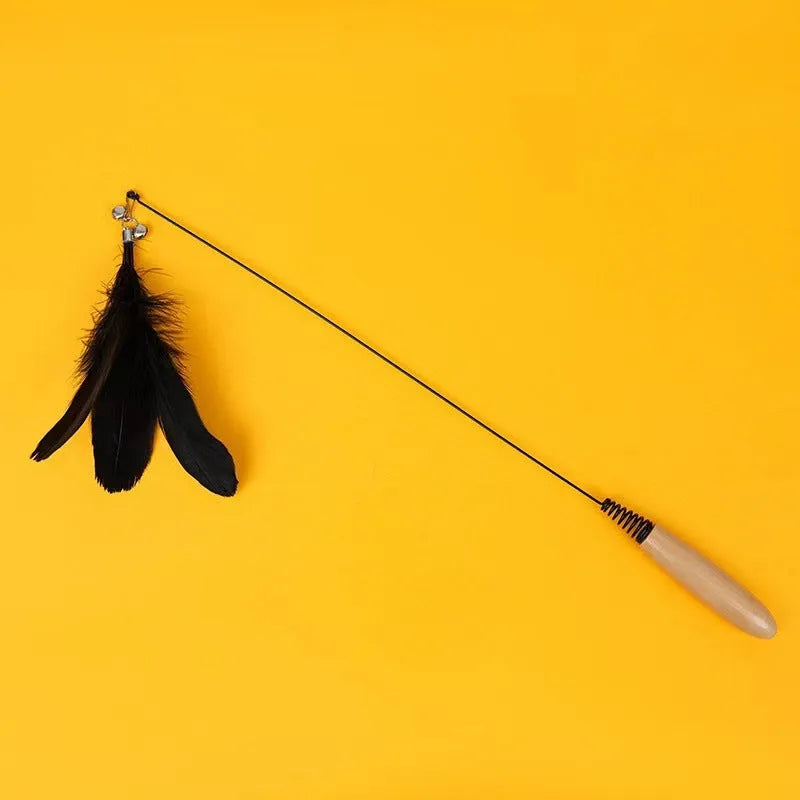 Wooden handle cat teasing stick with spring and four feather bell replacement heads in different colours