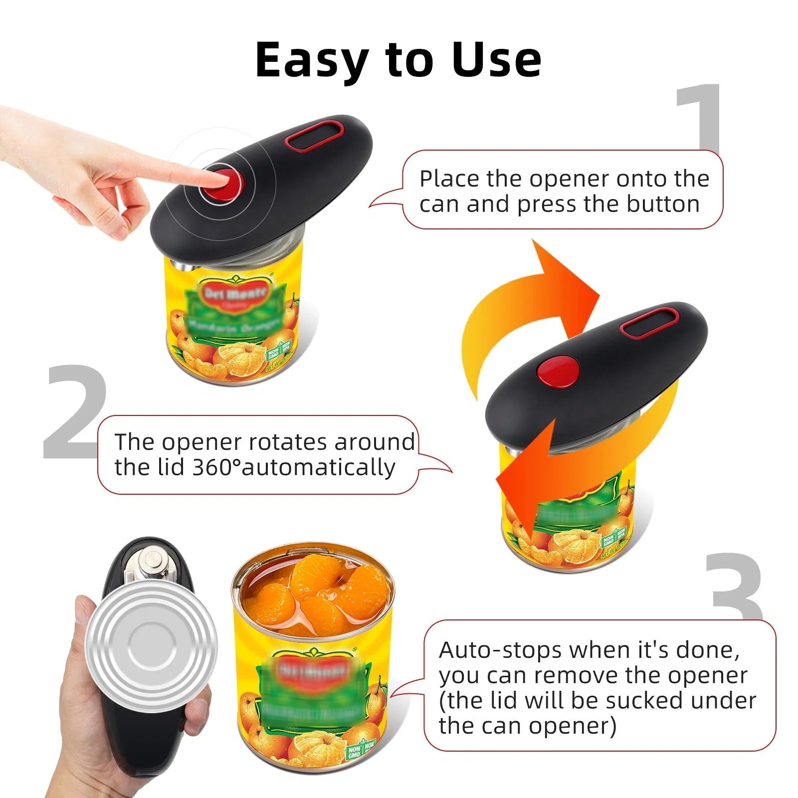 Cordless electric can opener in black, featuring safety grooves and automatic operation
