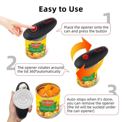 Cordless electric can opener in black, featuring safety grooves and automatic operation