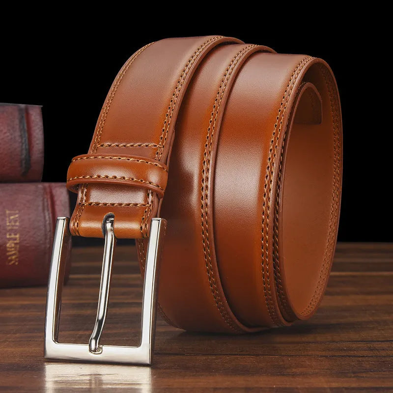 Men's genuine leather belt with pin buckle in black and brown colour options showing length measurements