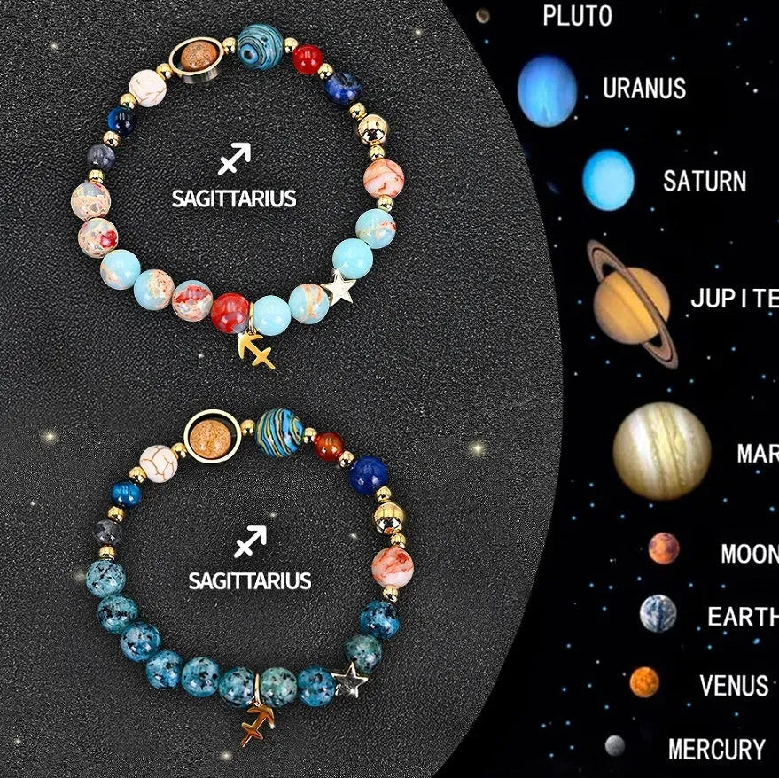 Natural stone zodiac bracelet set showing two adjustable bracelets with bead designs for astrological signs