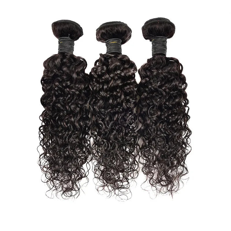 Real human hair water wave extensions in natural colours displayed at various lengths.