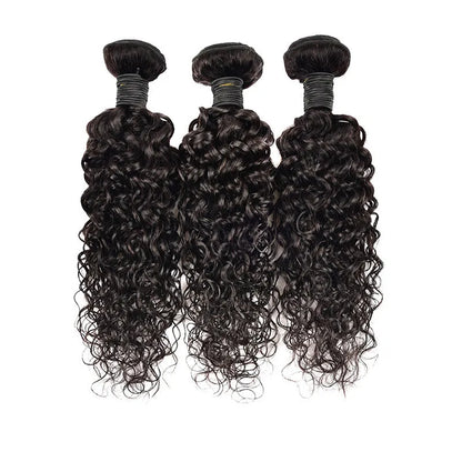 Real human hair water wave extensions in natural colours displayed at various lengths.