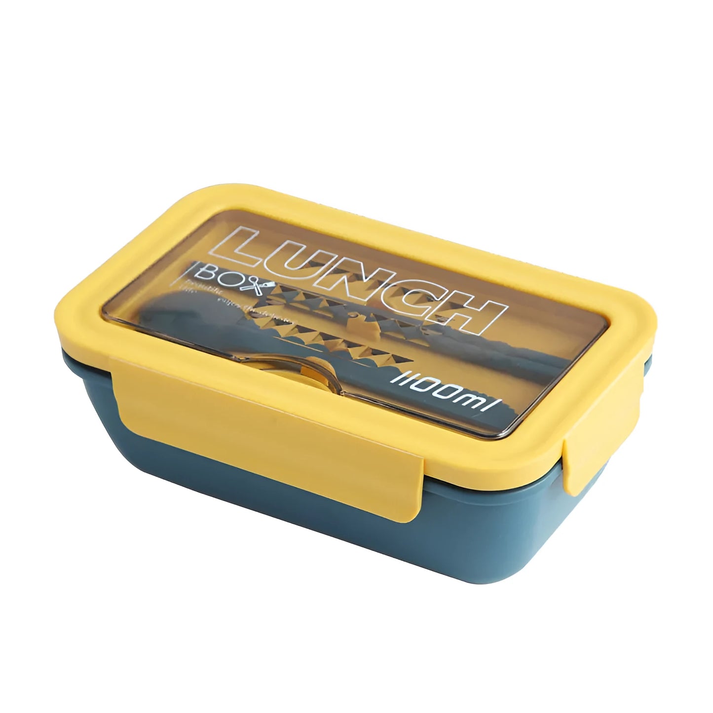 Green four-layer stacked plastic bento box with separate compartments for food, shown next to red and yellow options.