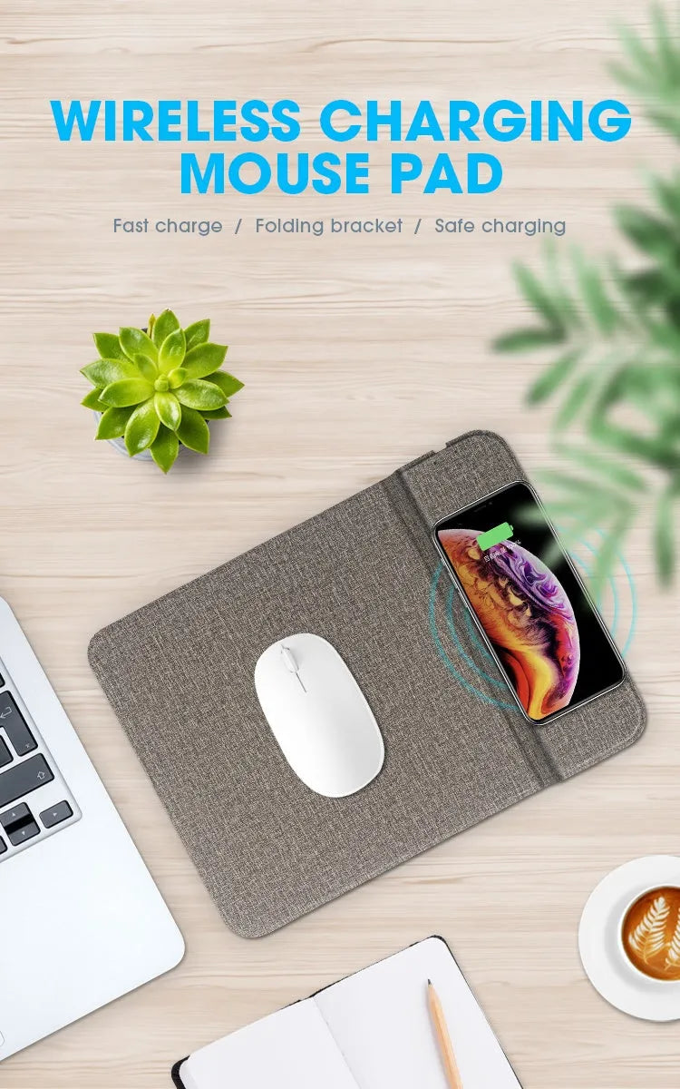 Foldable cloth phone holder unfolded on a table, wirelessly charging a smartphone with 10W power