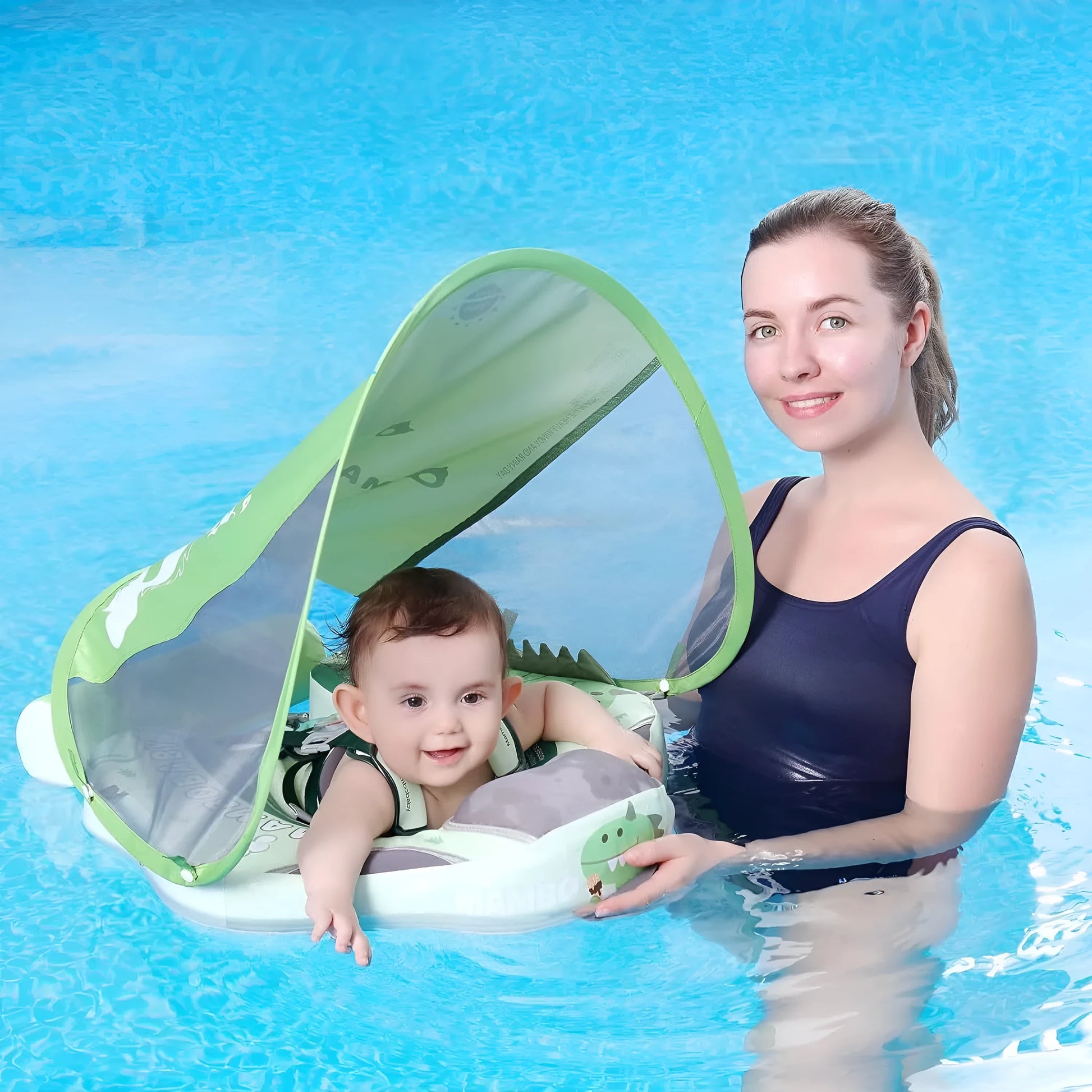Baby inflatable swimming ring with dinosaur design and sun shade for children 3-24 months
