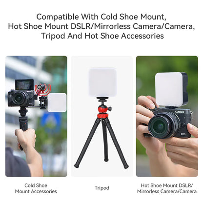 Square LED camera flash with universal hot shoe mount and rotatable head, shown with optional octopus stand tripod.