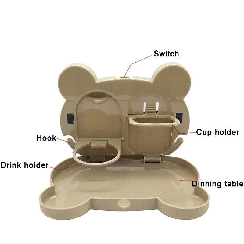 Adjustable car seat tray with spacious surface, side hooks, and compact design for in-vehicle use