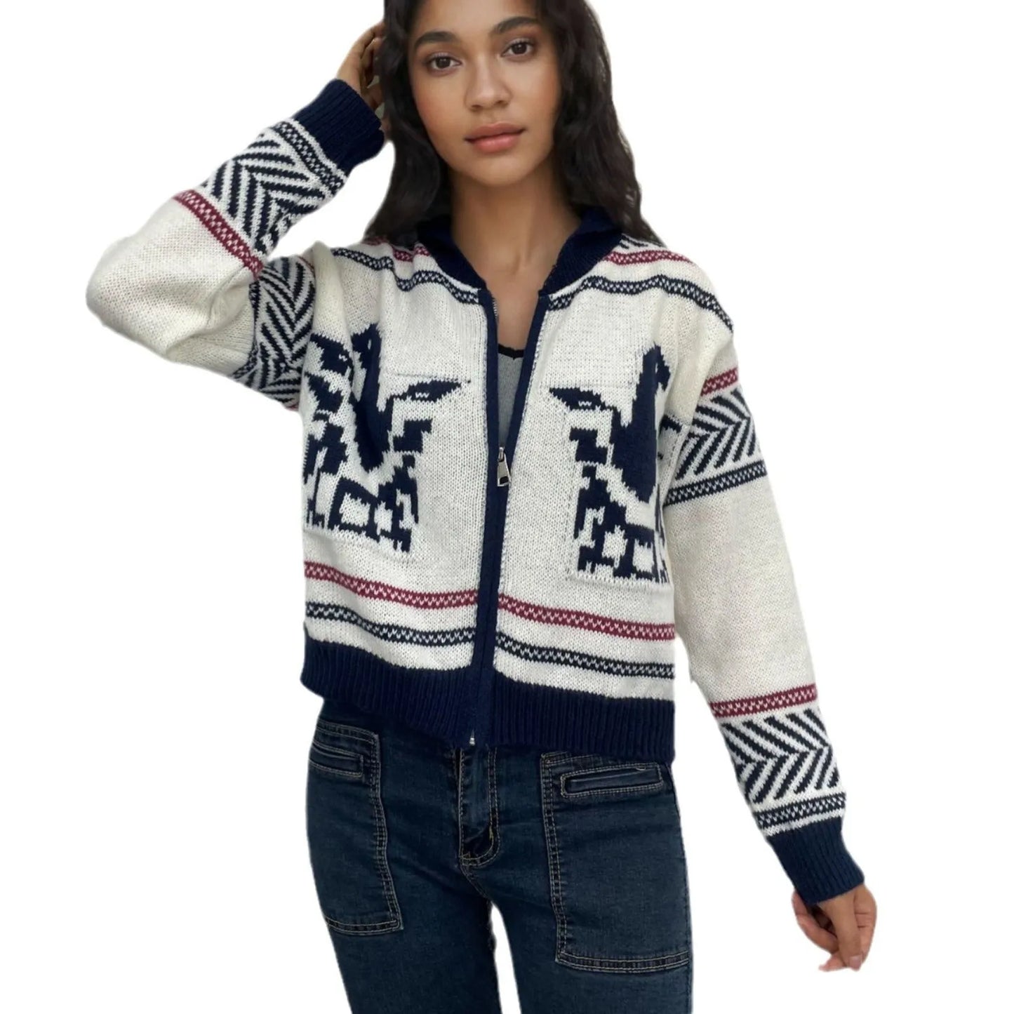 White women's wool zipper cardigan with contrasting jacquard stripe pattern on the front.