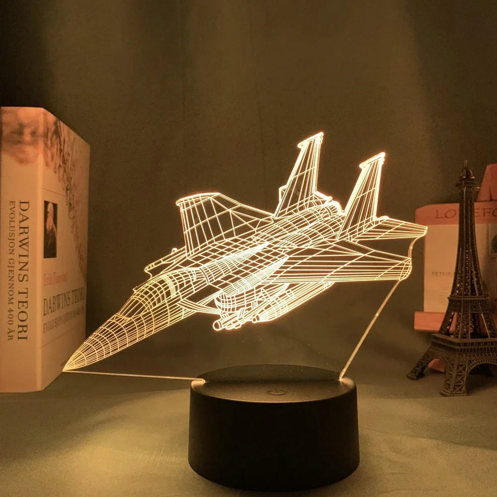 Custom 3D aeroplane hologram night light with personalised name, showing optical acrylic panel and ABS base