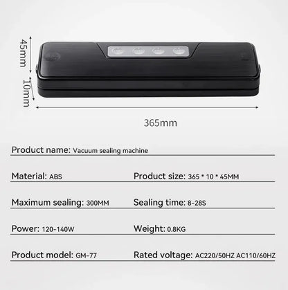 Black automatic vacuum sealer with 30cm sealing bar on kitchen counter next to vacuum-sealed food packages