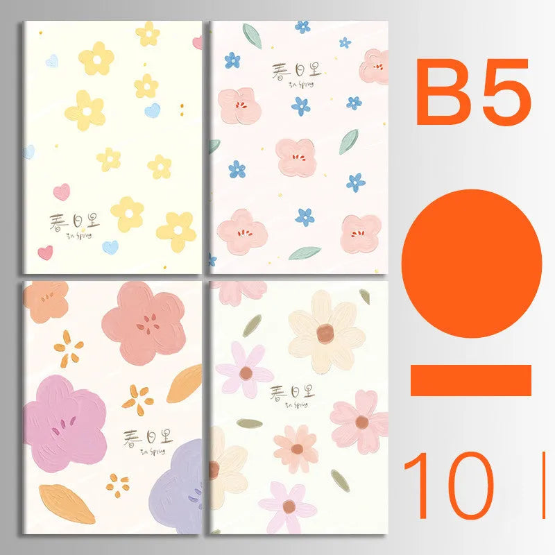 Pack of ten A5 kraft paper thread-bound notebooks with artistic cover designs lying flat.