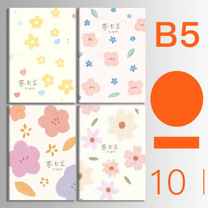 Pack of ten A5 kraft paper thread-bound notebooks with artistic cover designs lying flat.