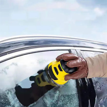 Yellow cordless electric snow scraper with USB charging cable for car window ice removal