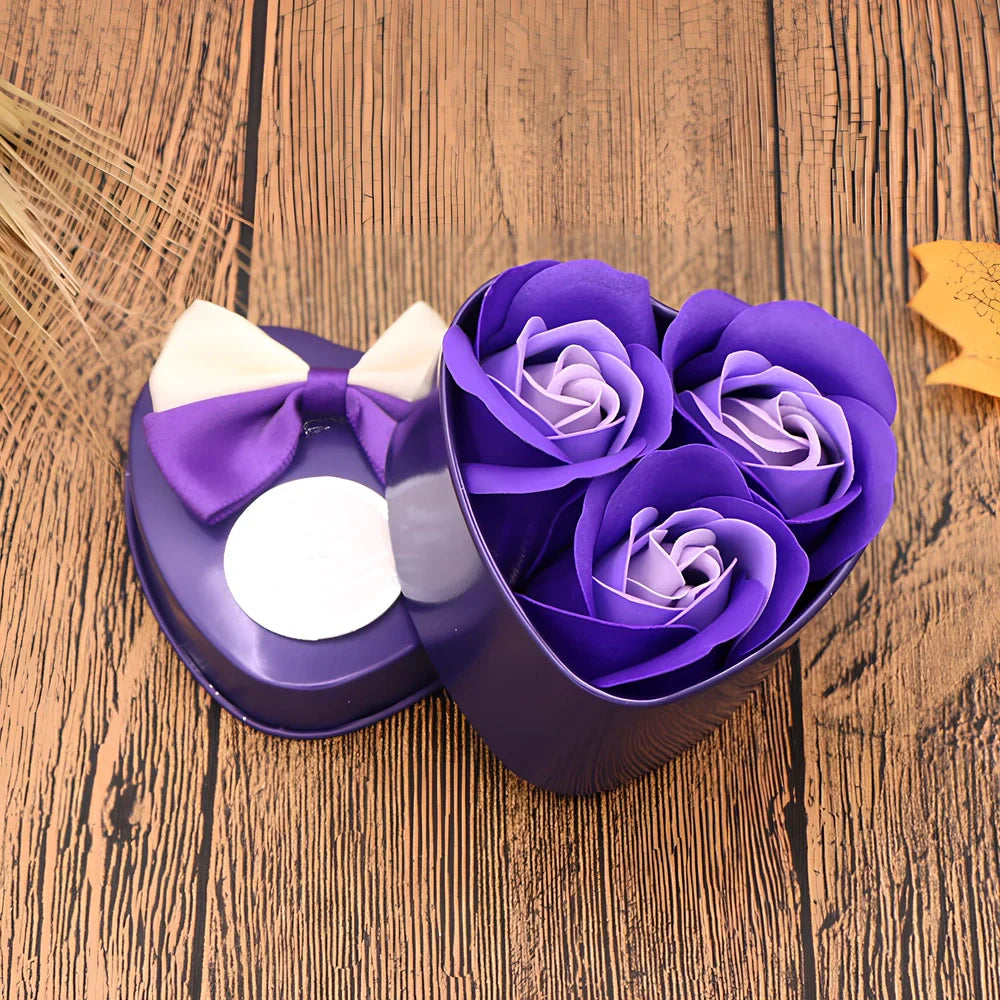 Handmade soap flowers in red heart-shaped tin box measuring 12x12x5cm